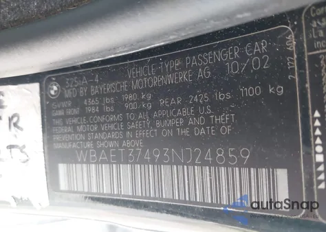 2003 BMW 325I from USA, damaged, VIN WBAET37493NJ24859